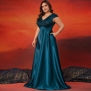 Women's Elegant Sequin Satin Prom Dress Evening Gown with Cap Sleeve - Rosymae