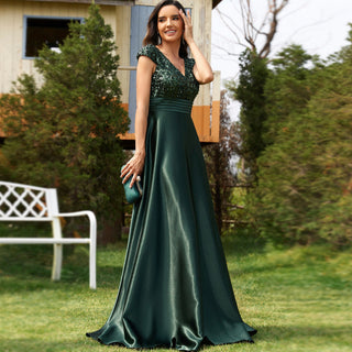 Women's Elegant Sequin Satin Prom Dress Evening Gown with Cap Sleeve - Rosymae