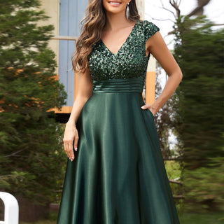 Women's Elegant Sequin Satin Prom Dress Evening Gown with Cap Sleeve - Rosymae