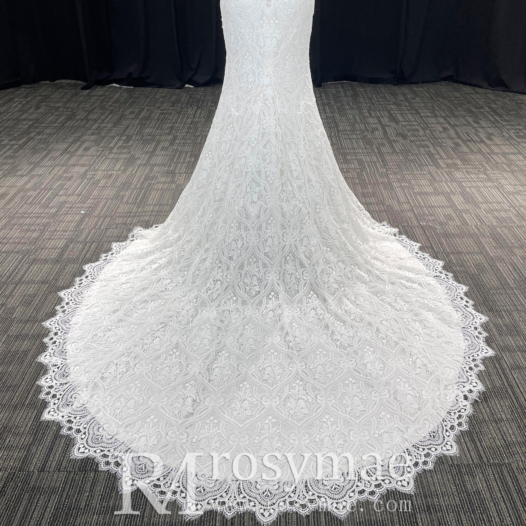 Women's Floral Lace Long Sleeve Off Shoulder Wedding Mermaid Dress - Rosymae