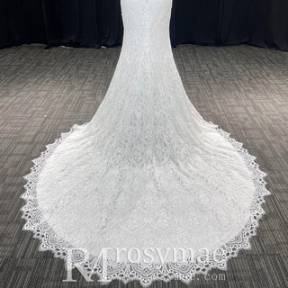 Women's Floral Lace Long Sleeve Off Shoulder Wedding Mermaid Dress - Rosymae