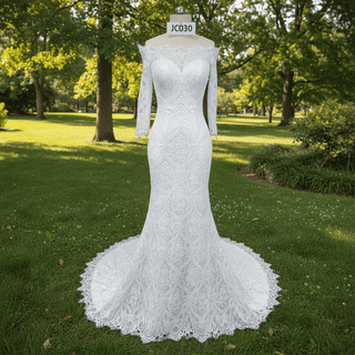 Women's Floral Lace Long Sleeve Off Shoulder Wedding Mermaid Dress - Rosymae