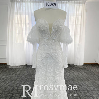 Women's Floral Lace Long Sleeve Off Shoulder Wedding Mermaid Dress - Rosymae