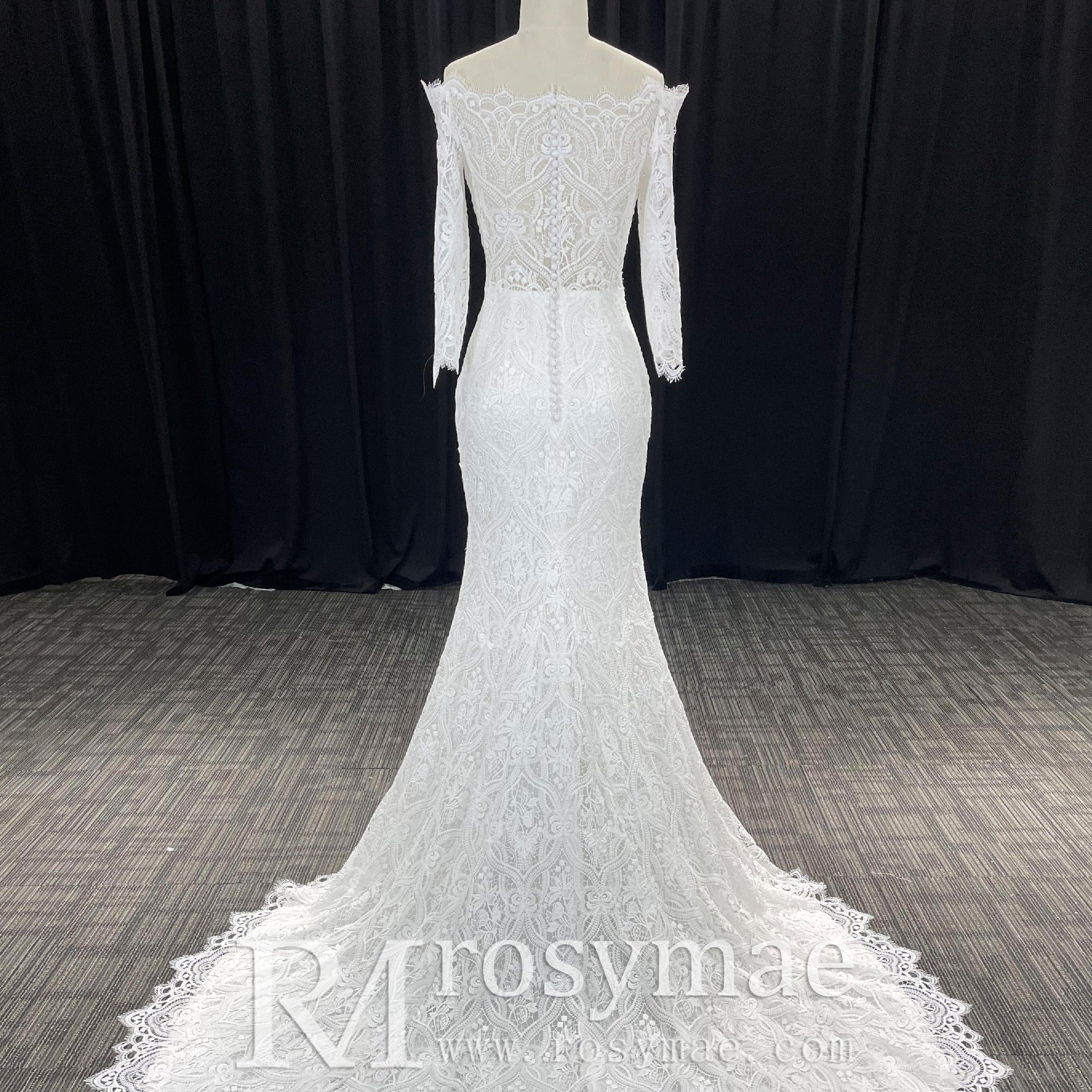 Women's Floral Lace Long Sleeve Off Shoulder Wedding Mermaid Dress - Rosymae