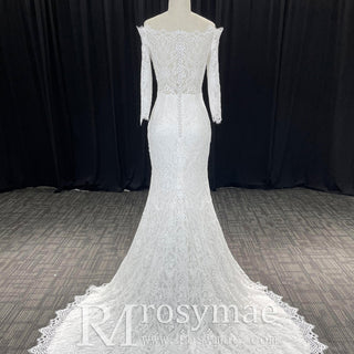 Women's Floral Lace Long Sleeve Off Shoulder Wedding Mermaid Dress - Rosymae