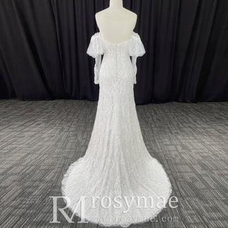 Women's Floral Lace Long Sleeve Off Shoulder Wedding Mermaid Dress - Rosymae