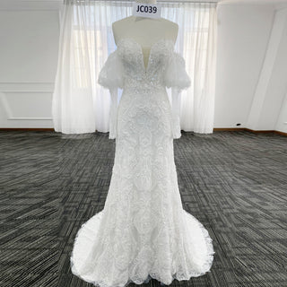 Women's Floral Lace Long Sleeve Off Shoulder Wedding Mermaid Dress - Rosymae