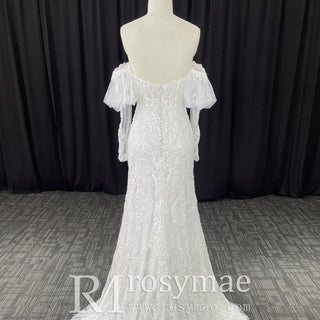 Women's Floral Lace Long Sleeve Off Shoulder Wedding Mermaid Dress - Rosymae