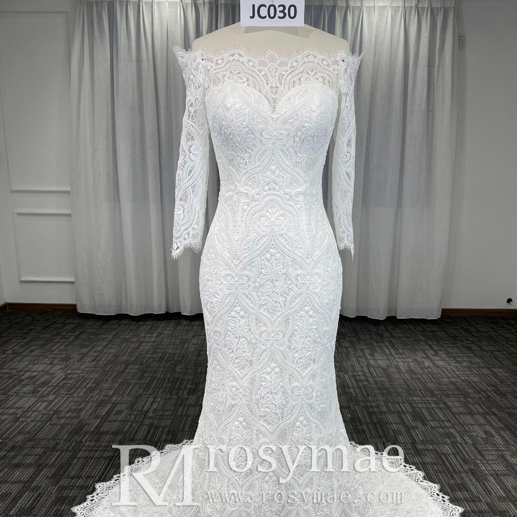 Women's Floral Lace Long Sleeve Off Shoulder Wedding Mermaid Dress - Rosymae