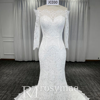 Women's Floral Lace Long Sleeve Off Shoulder Wedding Mermaid Dress - Rosymae