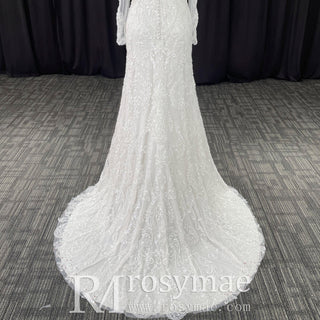 Women's Floral Lace Long Sleeve Off Shoulder Wedding Mermaid Dress - Rosymae
