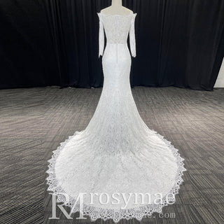 Women's Floral Lace Long Sleeve Off Shoulder Wedding Mermaid Dress - Rosymae