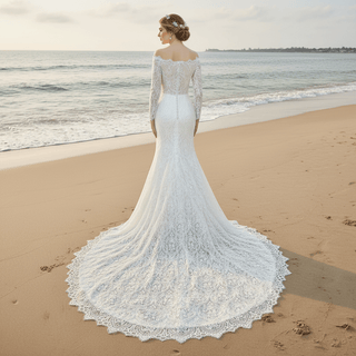 Women's Floral Lace Long Sleeve Off Shoulder Wedding Mermaid Dress - Rosymae