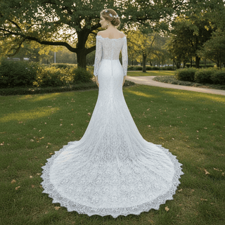 Women's Floral Lace Long Sleeve Off Shoulder Wedding Mermaid Dress - Rosymae