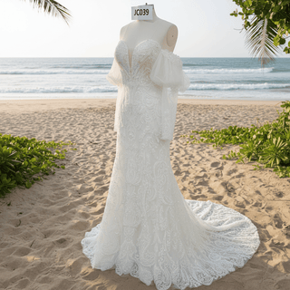 Women's Floral Lace Long Sleeve Off Shoulder Wedding Mermaid Dress - Rosymae