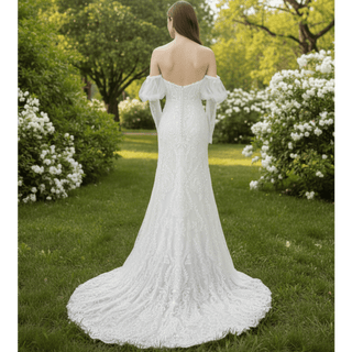 Women's Floral Lace Long Sleeve Off Shoulder Wedding Mermaid Dress - Rosymae