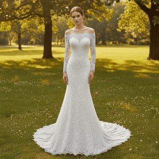 Women's Floral Lace Long Sleeve Off Shoulder Wedding Mermaid Dress - Rosymae
