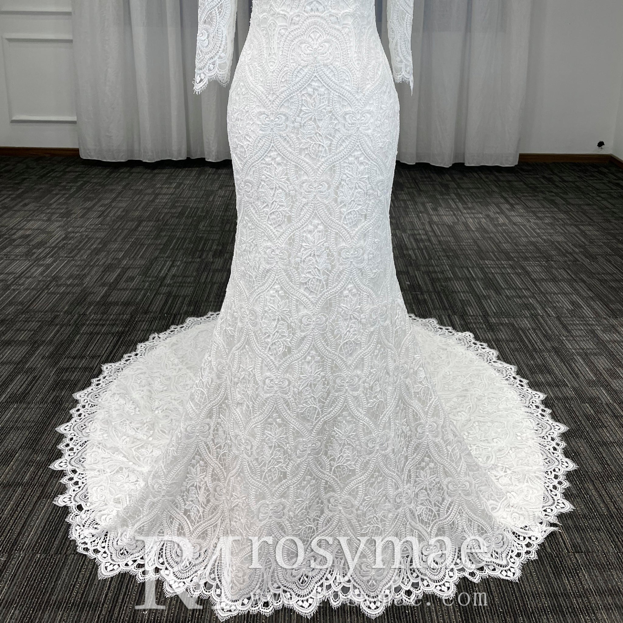 Women's Floral Lace Long Sleeve Off Shoulder Wedding Mermaid Dress - Rosymae