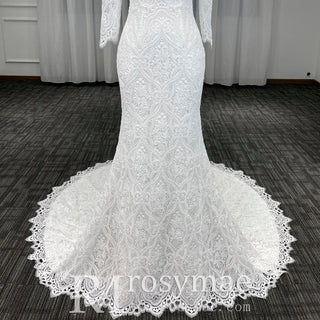 Women's Floral Lace Long Sleeve Off Shoulder Wedding Mermaid Dress - Rosymae