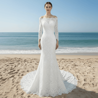 Women's Floral Lace Long Sleeve Off Shoulder Wedding Mermaid Dress - Rosymae
