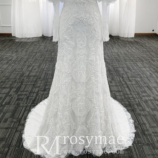 Women's Floral Lace Long Sleeve Off Shoulder Wedding Mermaid Dress - Rosymae