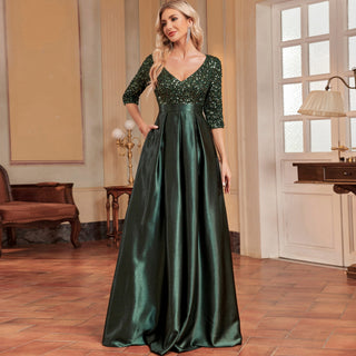 Women's Half Sleeve Sequin Formal Prom Dress Evening Gown with Pocket - Rosymae