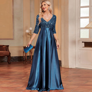 Women's Half Sleeve Sequin Formal Prom Dress Evening Gown with Pocket - Rosymae