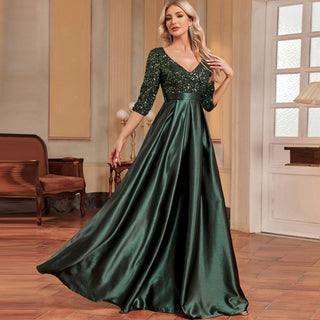 Women's Half Sleeve Sequin Formal Prom Dress Evening Gown with Pocket - Rosymae