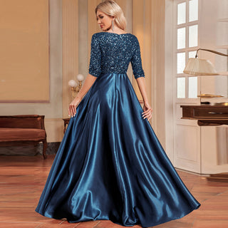 Women's Half Sleeve Sequin Formal Prom Dress Evening Gown with Pocket - Rosymae