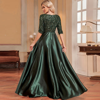 Women's Half Sleeve Sequin Formal Prom Dress Evening Gown with Pocket - Rosymae