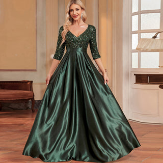 Women's Half Sleeve Sequin Formal Prom Dress Evening Gown with Pocket - Rosymae