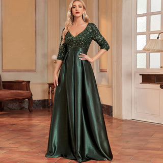 Women's Half Sleeve Sequin Formal Prom Dress Evening Gown with Pocket - Rosymae