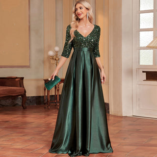 Women's Half Sleeve Sequin Formal Prom Dress Evening Gown with Pocket - Rosymae