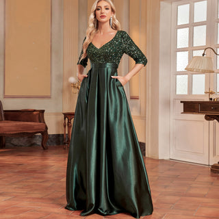 Women's Half Sleeve Sequin Formal Prom Dress Evening Gown with Pocket - Rosymae