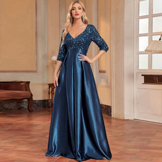 Women's Half Sleeve Sequin Formal Prom Dress Evening Gown with Pocket - Rosymae