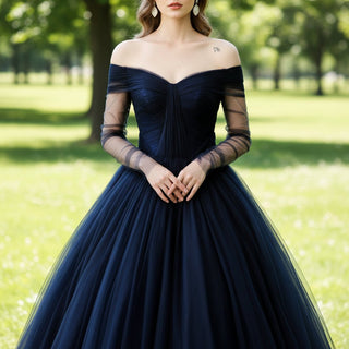 Womens Navy Blue Dresses for Wedding with Off Shoulder Long Sleeves - Rosymae