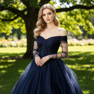 Womens Navy Blue Dresses for Wedding with Off Shoulder Long Sleeves - Rosymae