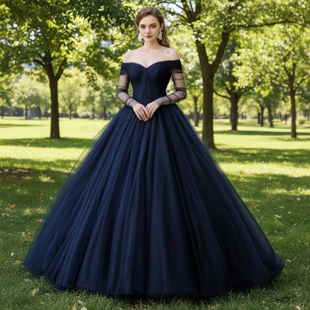 Womens Navy Blue Dresses for Wedding with Off Shoulder Long Sleeves