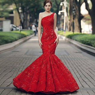 Women's Red Sequin Mermaid Prom Dresses with One Shoulder - Rosymae
