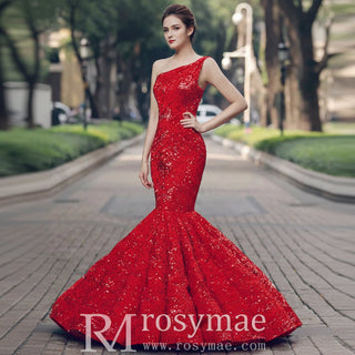 Women's Red Sequin Mermaid Prom Dresses with One Shoulder - Rosymae