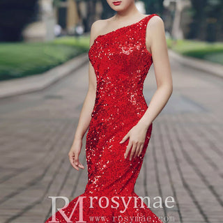 Women's Red Sequin Mermaid Prom Dresses with One Shoulder - Rosymae