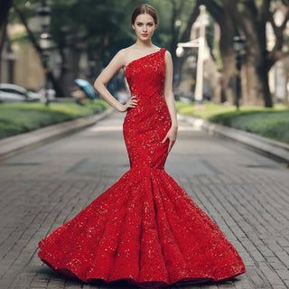 Women's Red Sequin Mermaid Prom Dresses with One Shoulder - Rosymae