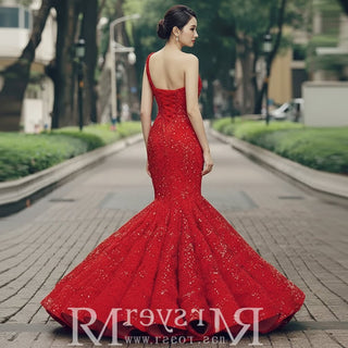 Women's Red Sequin Mermaid Prom Dresses with One Shoulder - Rosymae