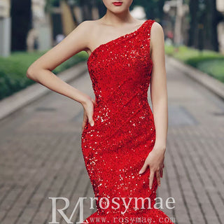 Women's Red Sequin Mermaid Prom Dresses with One Shoulder - Rosymae