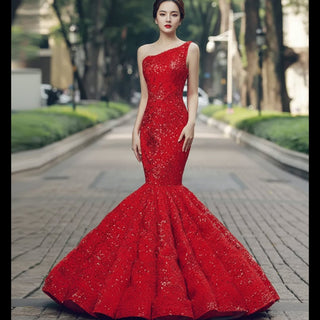 Women's Red Sequin Mermaid Prom Dresses with One Shoulder - Rosymae