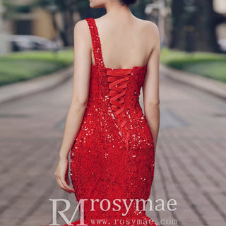 Women's Red Sequin Mermaid Prom Dresses with One Shoulder - Rosymae