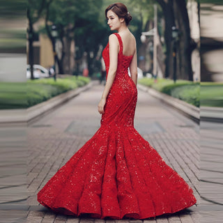 Women's Red Sequin Mermaid Prom Dresses with One Shoulder - Rosymae