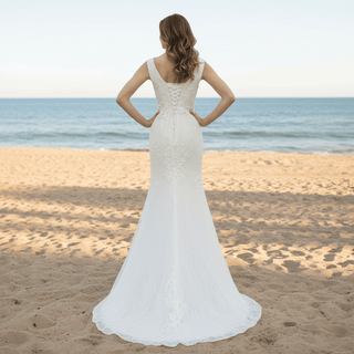 Womens V Neck Lace Appliques Wedding Dress Mermaid Bridal Gowns - Rosymae