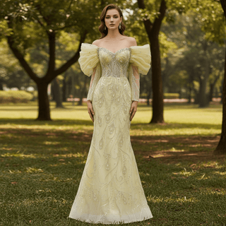 Yellow 2-in-1 Formal Gown with Beaded Mermaid & Detachable Tiered Overskirt - Rosymae