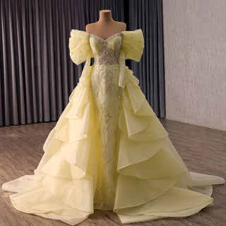 Yellow 2-in-1 Formal Gown with Beaded Mermaid & Detachable Tiered Overskirt - Rosymae